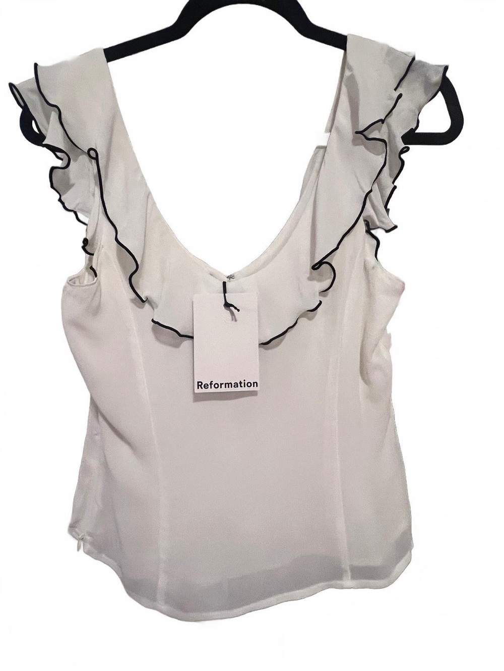 Reformation Cala Top in Gossamer White with Black Ruffle Trim NWT size 4